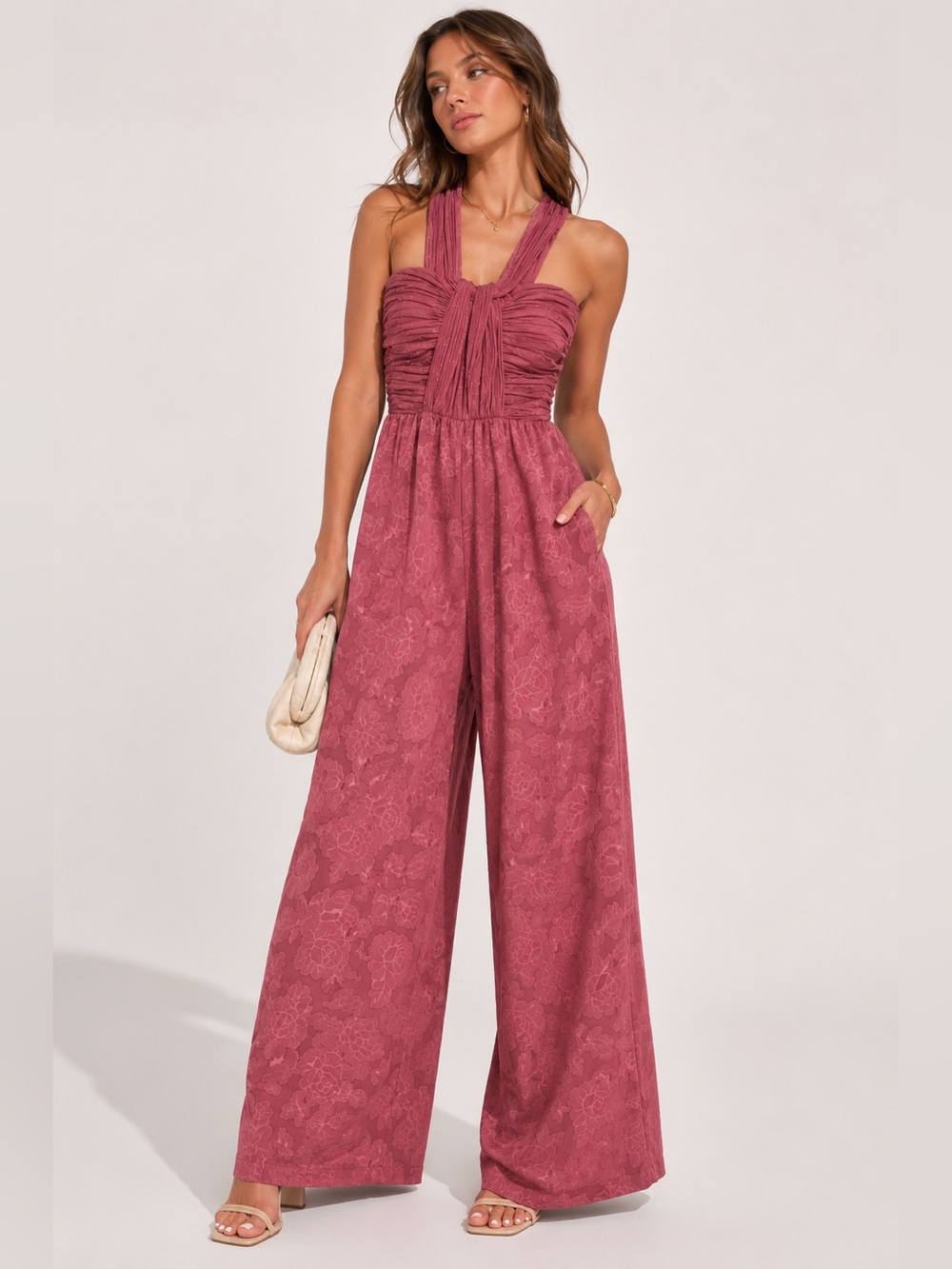Lulus Lovely Celebration Rose Pink Floral Burnout Jumpsuit NWT